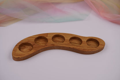 Holzhalter aus geölter Eiche, asymmetrisch mit 5 Schraubgläsern für Aquarellfarben