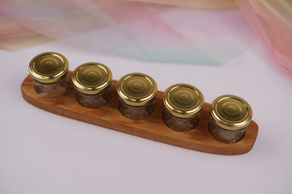 Holzhalter aus geölter Eiche – gerade mit 5 Schraubgläsern für Aquarellfarben