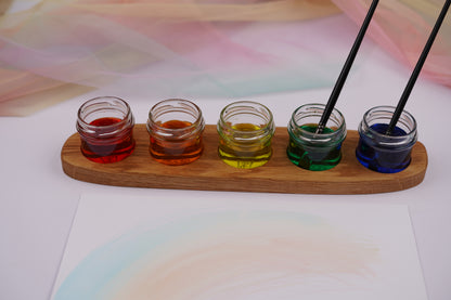 Holzhalter aus geölter Eiche – gerade mit 5 Schraubgläsern für Aquarellfarben